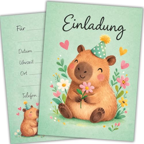 E&G Klasse 10x Einladungskarten Capybara Boba Grün Tiermotiv Kindergeburtstag A6 Blumen niedlich Geburtstagseinladung Kinder Einladungskarte Mädchen Jungen süß Tierparty Capybara Design Karten