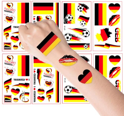 Nationalflagge Deutschland Tattoo 8 Stück Aufkleber Body Painting für Fussball Fans Deutschland Sticker Temporäre Tattoos für Sport Events Deutschland Fußball Temporäre Tattoos für Mädchen & Jungen