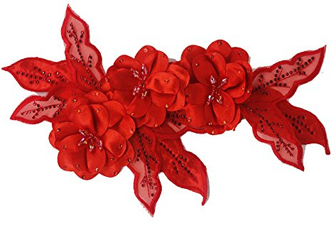 1pieces 3D Flower Beaded Rhinestones Lace Applique Patches Bridal Wedding Dress Decorated Motifs Applique for Hairband Brooch (Red)