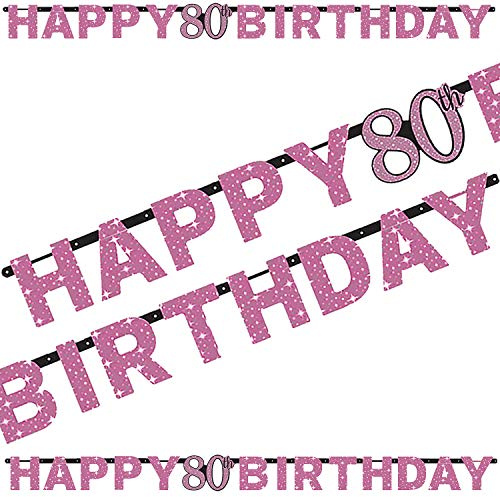 2,13m Partykette * HAPPY 80 BIRTHDAY * in Pink-Silber-Schwarz | Metallic Glitzer Deko zum 80. Geburtstag oder Jubiläum | Sparkling Dekoration Oma Senioren