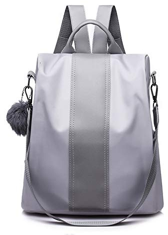 Segater® Frauen Rucksack Geldbörse Wasserdichter Nylon Rucksack für den Diebstahlschutz Schultertaschen 2 Wege umwandelbarer Rucksack Schultaschen mit Haarkugel-Anhänger Grau
