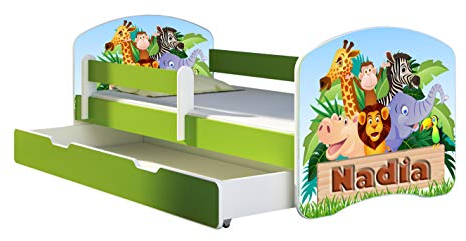 ACMA Kinderbett Jugendbett mit Einer Schublade und Matratze Grün mit Rausfallschutz Lattenrost II 140x70 160x80 180x80 (02 Animals name, 180x80 + Bettkasten)