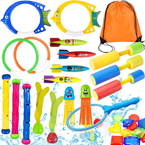 Yetech Tauchspielzeug für Kinder Pool,28 Stück Tauchen Spielzeug, Unterwasser Pool Spielzeug Set,enthält Fischnetz,Wasserspritzpistolen,Aufbewahrungstasche,Toypedo Bandits, für Kinder Jungs Mädchen