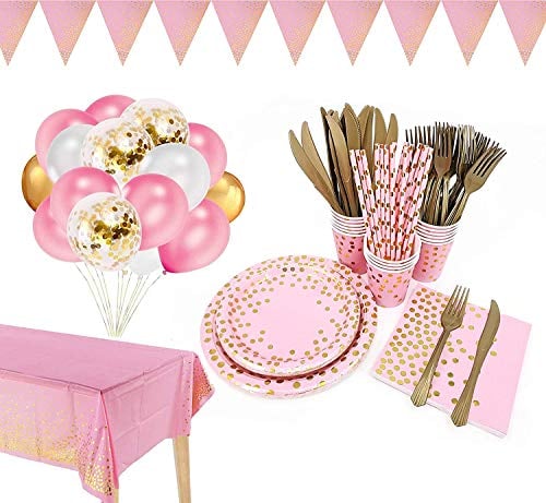 142 Piece Pink & Gold Party Set - Golden Dinnerware, Pink Paper Plates, Napkins, Cups for Graduation, Birthday, Cocktail Party