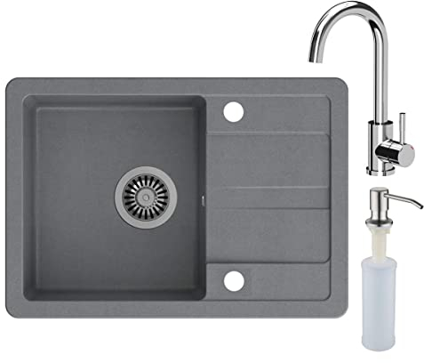 VBChome Spülbecken mit Armatur Grau 62 x 44 cm Granit Einzelbecken Einbauspüle Abtroffläche gesprenkelt reversibel Verbundspüle Küchenarmatur Wasserhahn Hochglanz + Siphon + Spülmittelspender