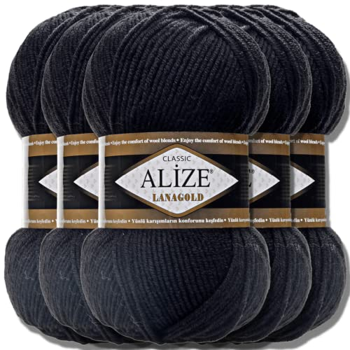 Alize 5x 100g Lanagold Classic Türkische Premium Wolle Baumwolle und Acryl Uni Handstrickgarne | Yarn | Garn | Strickgarn Einfarbig Baby zum Häkeln Stricken Kleidung Schals (Black | 60)