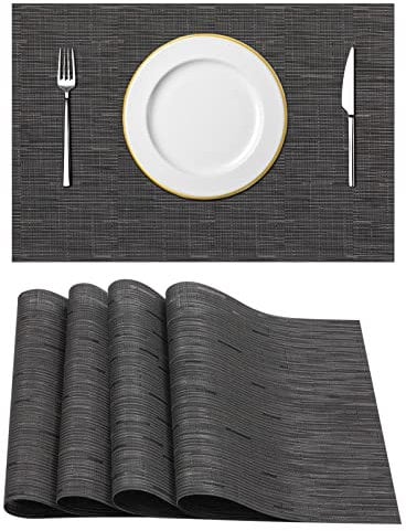 HIUOUIH Manteles Individuales Lavables Juego de 4 Individuales Mesa PVC Resistentes al Calor Antideslizante Salvamanteles Individuales para Mesa de Comedor y Cocina, Negro