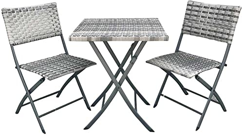 BAKAJI Klapptisch-Set 60 x 60 cm + 2 Klappstühle für den Außenbereich, Garten, Terrasse, Gestell aus Edelstahl und Sitze aus Polyrattan, Farbe Grau