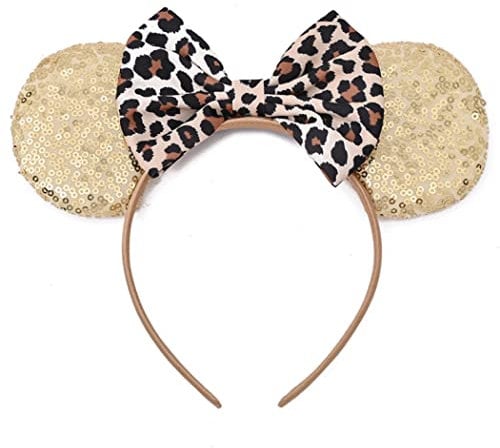Hpfulseazn Women Girls Decoration Mouse Ears Headbands Sequin Glitter Bow Hairband for Cosplay Costume Birthday Party(Leopard)