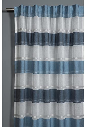 GARDINIA Vorhang mit verdeckten Schlaufen und Gardinenband, Transparent, Lichtdurchlässig, Gardine Etamine, Weiß / Blau, 140 x 245 cm