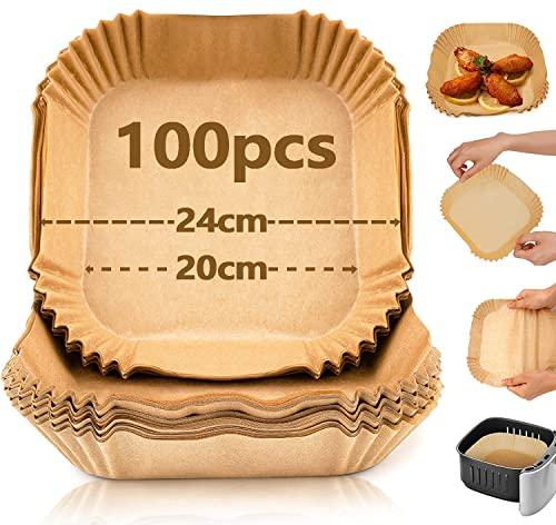 Carta da forno per friggitrice ad aria, 100 pezzi di carta quadrata per friggitrice ad aria usa e getta, accessori per friggitrice ad aria di grado alimentare antiaderenti e impermeabili (20-24cm)