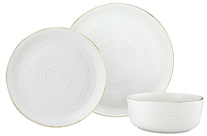 Godinger Juego de vajilla de porcelana, juego de 12 piezas, 4 platos llanos de 10.5 pulgadas, platos de ensalada de 8 pulgadas y cuencos de 6 pulgadas, color blanco con borde dorado