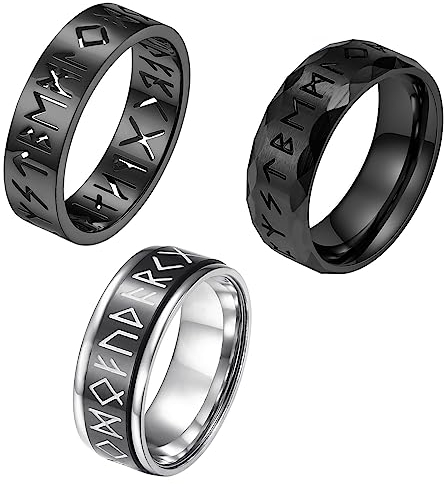 Flongo 3 Stücke Runenringe Set Fidget Ring 8mm Edelstahl drehbar Spinner Bandring Anti Angst Ringe mit Gravur Punk Wikinger Zappelring für Damen Herren Fingerring zu Geburtstag schwarz