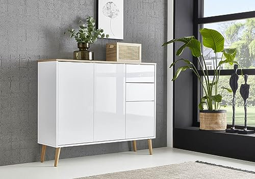moebel-dich-auf Kommode Ben 10 Sideboard mit 4 Holzfüßen (weiß/weiß Hochglanz, Absetzung in Artisan Eiche Nb.)