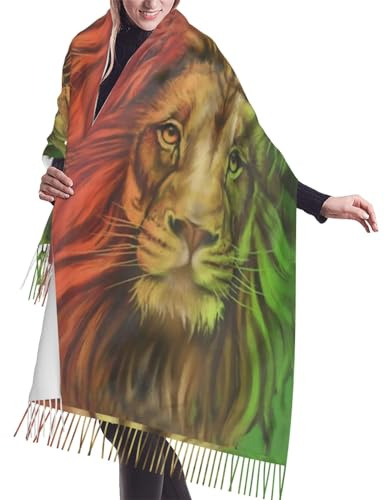 GRatka Schal, Rasta Löwe, Unisex-Schal mit Fransen, groß, warm, weich, Kaschmir-Gefühl, Tücher, 196 x 68 cm