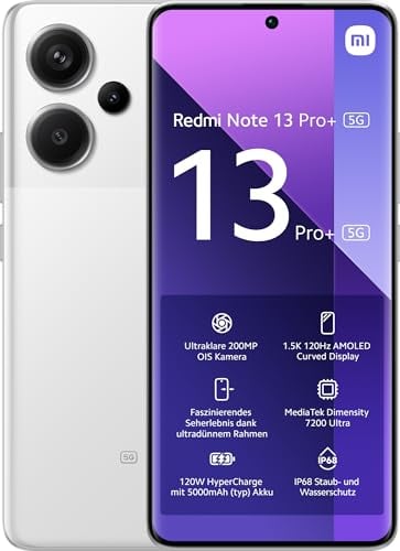 Xiaomi Redmi Note 13 Pro+ 5G - Smartphone de 8+256 GB, Pantalla de 6,67 AMOLED 1.5K 120Hz, MediaTek Dimensity 7200 Ultra, Triple cámara de hasta 200MP, Hypercharge 120W, Blanco (Versión ES)