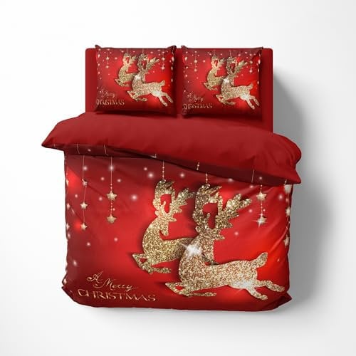 FEBE 3D Bettwäsche Goldene Rentiere Weihnachten Bettbezug-Set 135x200 + Kissenbezug 80x80 cm Wendebettwäsche 2 Teilig mit Reißverschluss Mikrofaser Winterbettwäsche Duvet Cover