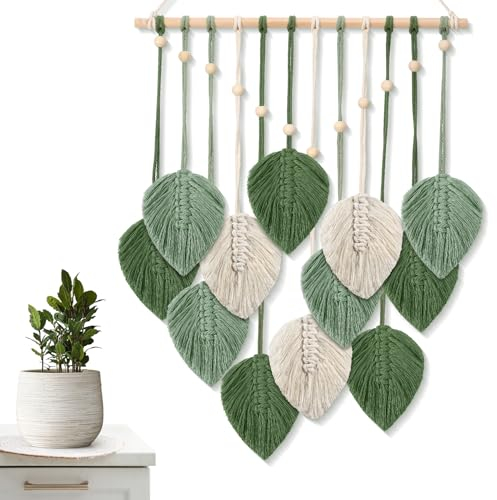 ASMPCUE Makrame Wandbehang Boho Deko, Handgemacht Wandteppich Boho Wand Dekor mit Holzperlen und 12 Grün Blätter Tapisserie für Wohnzimmer Schlafzimmer Kinderzimmer Wanddeko, 20 X 27.5 Zoll (Grün)