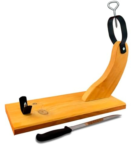 Acan Tradineur - Jamonero de Madera Modelo Curvado c/Cuchillo - Soporte para Pata y Paleta de jamón Serrano e ibérico - Agarres metálicos - Fácil Montaje - 38 x 48 x 16,5 cm