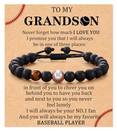 Cupimatch Armband für Teenager Baseball: Jungen Schwarzes Mattstein Sportarmband Geflochten Verstellbar Perlenarmband aus Naturstein Geburtstag Abschluss Geschenk für Herren Enkel Sohn Trainer