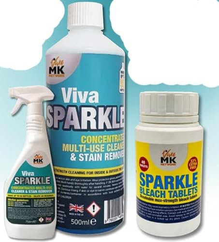 VivaMK Sparkle Offer- Toilet Bleach Tablets Plus Viva Sparkle Stain Remover Concentrate, Makes up to 50 re-fillable bottles