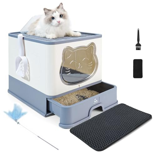 HelloMiao Vollständig Geschlossene Katzentoilette mit Deckel Geruchsneutralisierendes Katzenklo in Groß, Cat Litter Box Schubladensystem & Klappbar mit Praktischer Katzenstreuschaufel