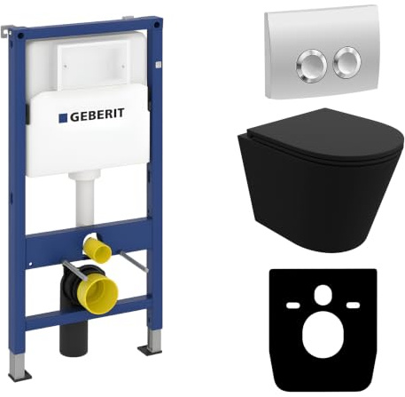 Lavita Duofix Basic Vorwandelement + Wand Tiefspül WC Galve Schwarz Spülrandlos + WC Sitz + Bedienplatte Delta 25 Verchromt Knopf Komplettset Unterputz Spülkasten Toilette Komplett Sett WC