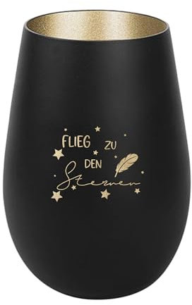 Der-Porzellan-Laden Windlicht mit Gravur Flieg zu den Sternen, Schwarz Gold, Teelichthalter aus Glas mit Spruch, Tischdeko modern