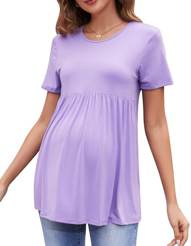 Brynmama Maglietta da maternità Carina Estate Maniche Corte Top Casual con Volant Peplum per Lavoro Viola, L
