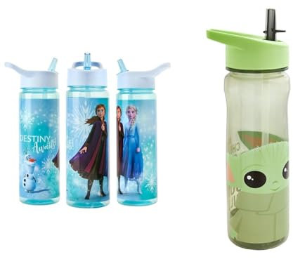 Disney Frozen Sparkle Water Bottle Flip Up Straw 600ml & Star Wars Mandalorian 600ml Kids Water Bottles With Straw