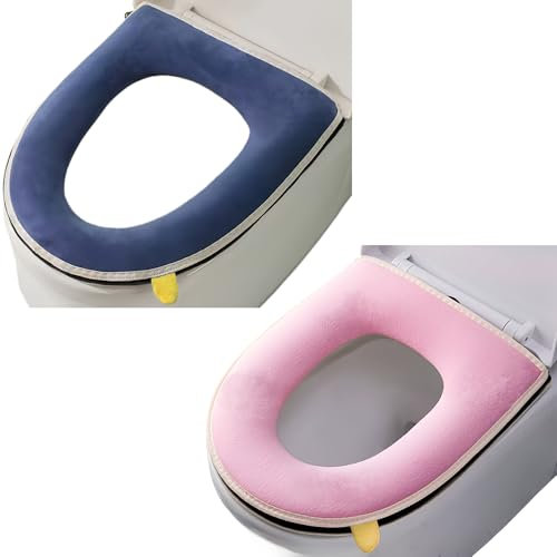 Wuyue Hua 2 Pieces Thicker Bathroom Soft Toilet Seat Cover Pad with Handle Toilet Lid Cover Cushion Soft Thicker Washable Fits Oval Toilet Seats (Grey+Pink)