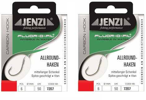 Set: 2 Packungen JENZI gebundene Allroundhaken Angelhaken (12 Stück), an Fluor Carbon, Vorfach fertig 50cm Hakengröße 4, 6, 8, 10, 12 + gratis Petri Heill! Aufkleber (Hakengröße 12)