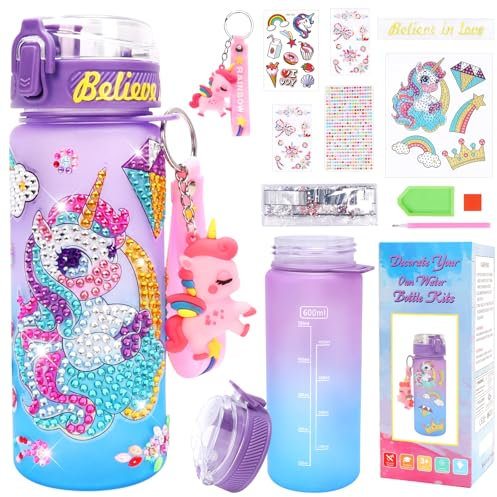 MONCAP Licorne Bricolage Gourde Fille DIY, 600 ML Gourde Enfant avec Pop up, Gourde Sport Réutilisable, Water Bottle, Kit de Loisir Créatif Enfant 5 6 7 8 9 10 Ans pour Gym Enfant d'École Bureau Yoga