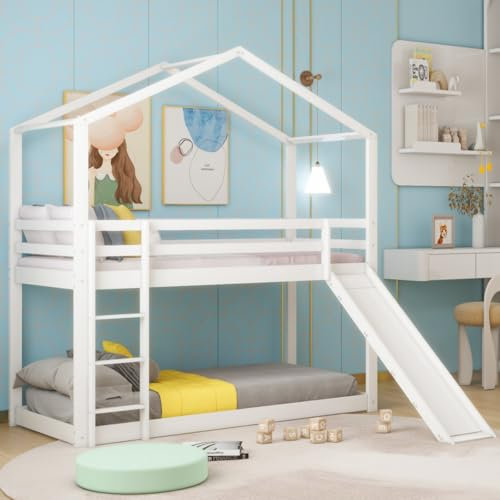 KOMHTOM Lit en Hauteur avec Toboggan et escalier Lit superposé avec sommier à Lattes 90X200 Lits d'enfant en Forme de Maison (Blanc, Matelas Non Inclus)