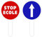 RAQUETTE STOP ÉCOLE/FLÈCHE BLEUE. PALETTE DE SIGNALISATION STOP ÉCOLE/FLÈCHE BLEUE. RAQUETTE CIRCULATION DU PUBLIC. PANNEAU SIGNALISATION AIDE AU TRAFIC. PANNEAU K10
