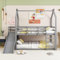 Gelukueub Doppelbett Kinderbett Hausbett Etagenbett mit Rutsche und Leiter, Kinderzimmer Hoch-Doppel-Stockbett, Grau, 140x200cm