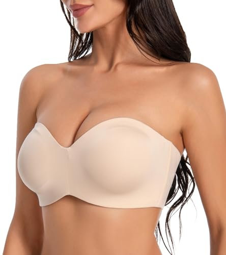 Oscrenia Seamless Bandeau Strapless Bra Underwire Non-Padded Full Coverage Bras for Women(Beige,40DD)