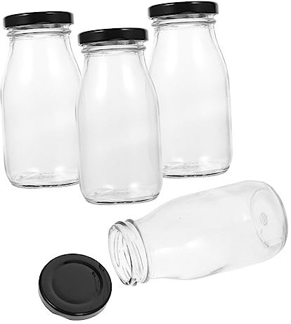 Amosfun 4pièces Bouteilles De Lait Verre Transparent Avec Couvercles Contenants Portables Pour Lait Jus Et Yaourt Pour Stockage Au Réfrigérateur Et Utilisation Quotidienne