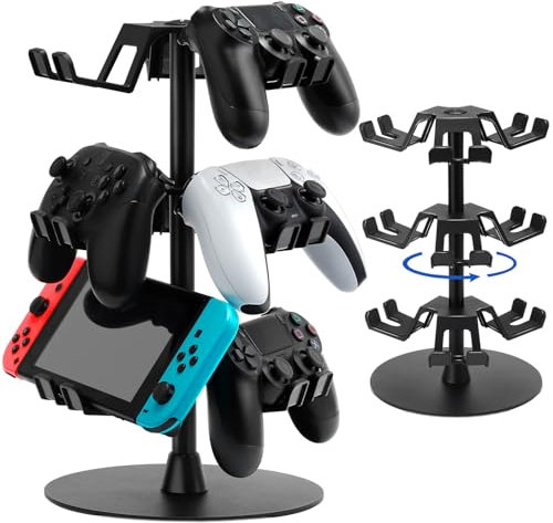 LHMTQVK Universal Controller Holder and Headphone Stand for Nintendo Switch, PS5, PS4, Xbox Series X|S – 3-Tier Rotatable Controller Stand and Headset Holder, Holds Up to 9 Controllers – Gaming Stuff