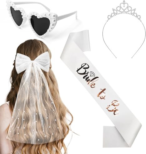 YUNYAKARSA 4 Stück JGA Accessoires Frauen - Bride to Be Schärpe + Schleier Braut + Herz Sonnenbrille JGA + Bride Haarreif, JGA Deko Frauen für Junggesellenabschied Frauen, Bride to Be Deko