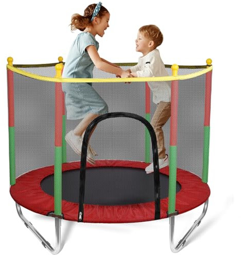 Sinbide Kindertrampolin 140cm mit Sicherheitsnetz Indoor und Outdoor Kinder-Lawinen-Trampolin Robuste Sprungmatte Rundes Gartentrampolin mit Randabdeckung mit Leiter Belastbarkeit 220 kg (Rot)