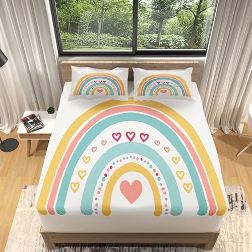 3D Spannbettlaken 90x200 Regenbogen Bettlaken Weiches Atmungsaktiv Spannbetttücher Regenbogen Mikrofaser Spannbetttuch Tiefe Tasche 30 cm Mit 2 Kissenbezügen 80x80 cm G6241