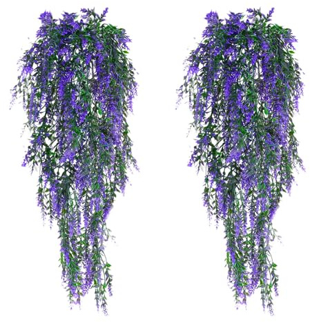 2 Stück Kunstpflanze Künstliche Pflanzen Hängend Kunstpflanzen Wie Echt | Outdoor Wetterfest 77CM Kunstblumen Balkon Hängepflanzen Plastik Hängepflanze Künstlich Blumen für Garten Party