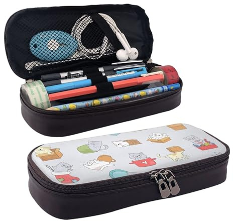 Trousse à crayons en cuir avec motif chat mignon dans des tasses et compartiments zippés