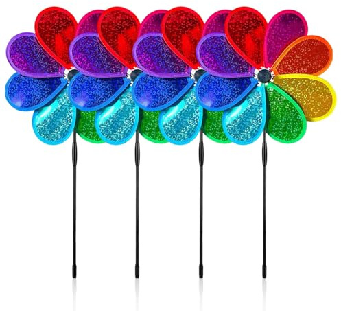 PARFCO 4 Stück Windrad Garten 30 cm, Windspiele für Draußen Stehend | 30 cm Garten Windräder mit achtblättrigem Pailletten-Design, geeignet für Balkon, Rasen und Außenbereiche