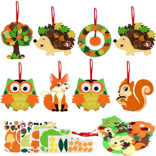 Powmag 8 Stück Herbst Basteln mit Kindern, Tier Herbst Bastelset Kinder, Kreativsets Kinder Basteln, DIY Herbst Dekoration Bastelsets mit Lgel Eule Fuchs Eichhörnchen