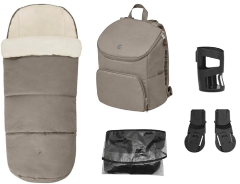 The Maxi-Cosi Oxford Accessory, 5 Essential Accessories for the Oxford Stroller, 2-in-1 Footmuff, Nappy Backpack, Cup Holder, Baby car seat Adapters, Rain Cover, Twillic Truffle