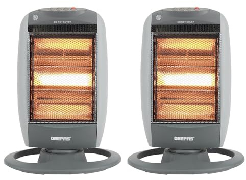 Geepas 1200W Halogen Heater, Pack of 2 | Instant Heating Portable Heater, 3 Heat Settings 400/800/1200W| Oscillation Function, Carry Handle & Safety Tip Over Switch | 3 Bar Radiator Home Office, Grey