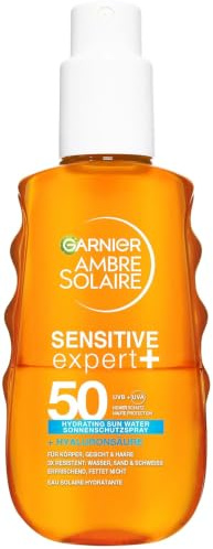 Garnier Ambre Solaire Sensitive Expert + Hydrating UV Water Sonnenschutzspray LSF 50 – Sonnen-Spray für Körper, Gesicht, Kopfhaut & Haare – Wasserfest, sandresistent & nicht fettend – 150ml