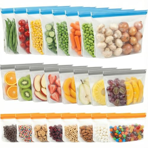 24 Stück Gefrierbeutel Wiederverwendbar mit Standboden-Design, Wiederverwendbare Frischhaltebeutel, Spülmaschinenfest & Auslaufsicher für Lebensmittel Snacks Meal Prep